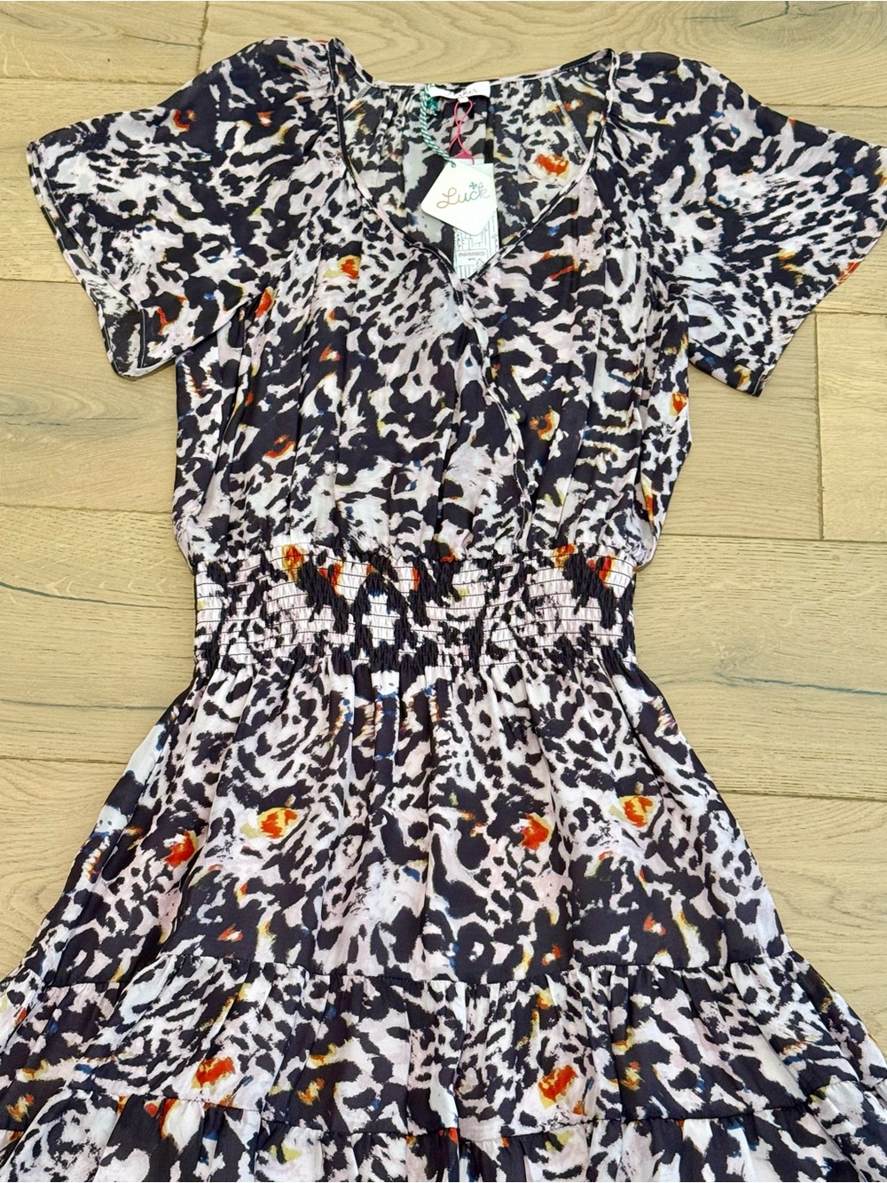 Parker Black & White Floral Animal-Print Mini Dress with Orange Accents